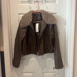Urban Outfitters Brown Faux Leather Aviator Jacket with Shearling Collar